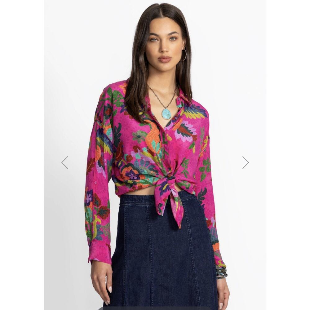 Johnny Was Martijn Shirt Verney Pink Vibrant Silk Button Upsize Medium - Picture 13 of 16